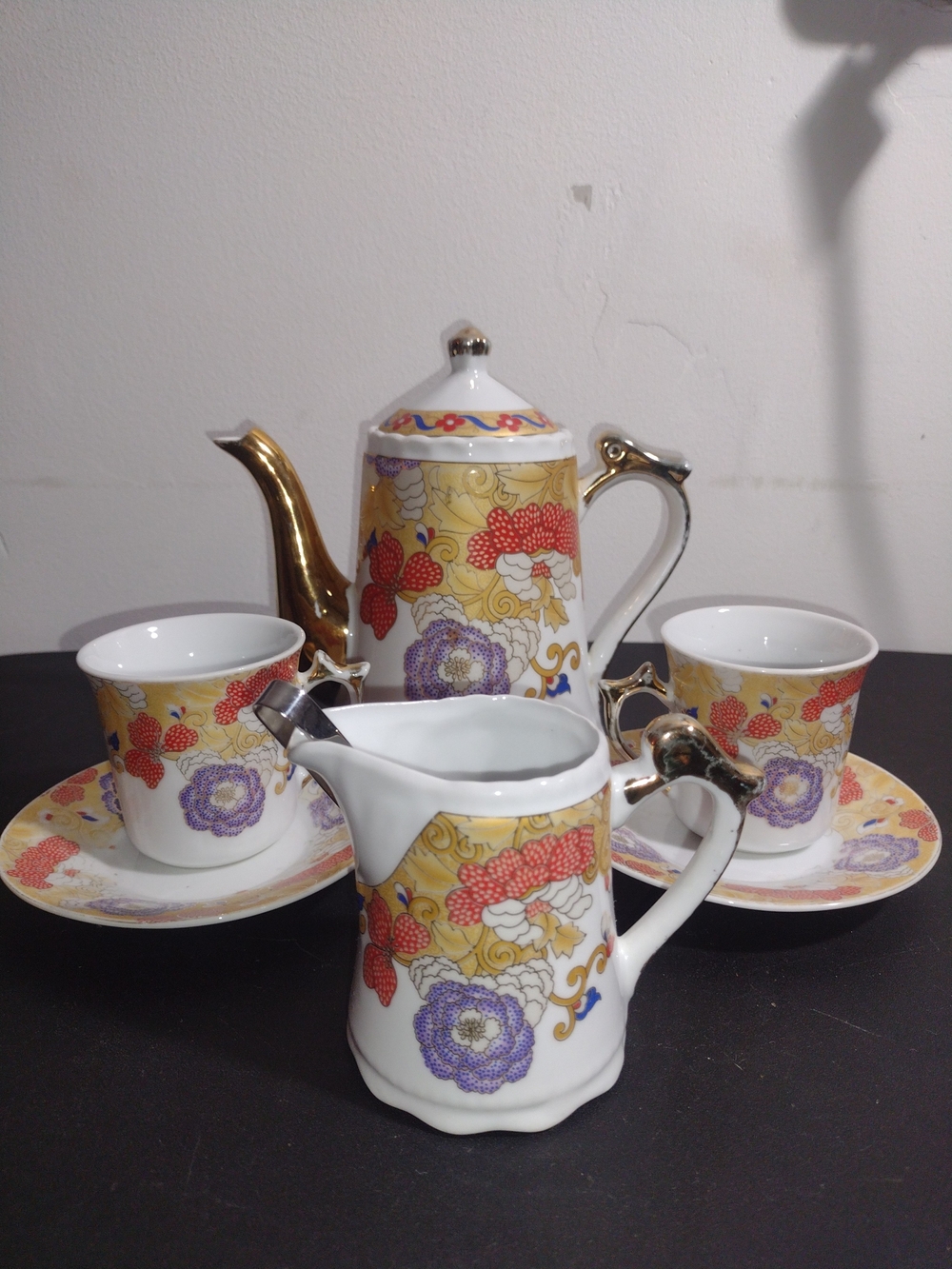 Decorative Floral Porcelain Coffee Set with Gold Accents - Yellow